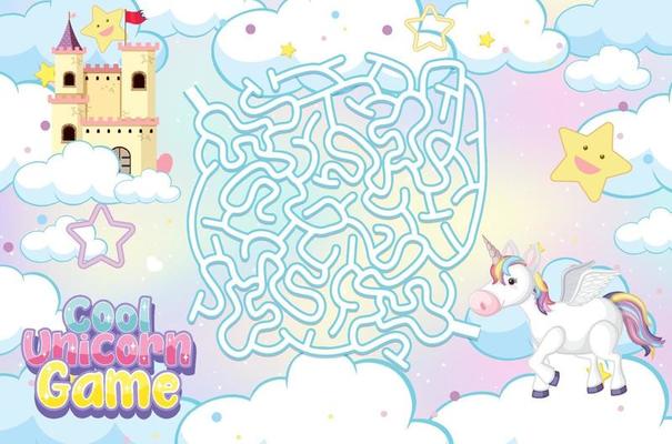 Maze puzzle game activity for children in unicorn theme