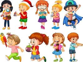 Conjunto de diferentes niños jugando con sus juguetes personaje de dibujos animados aislado sobre fondo blanco. vector