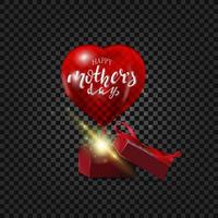 A red heart-shaped balloon with a beautiful happy mother's day lettering flies out of the gift box. vector