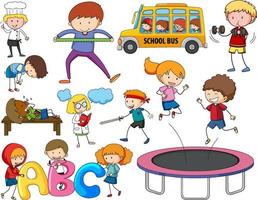 Set of different doodle kids cartoon character vector