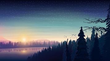 landscape with a wide river flowing through a dense pine forest in a hilly area at sunrise. Sunrise in forest with starry sky vector