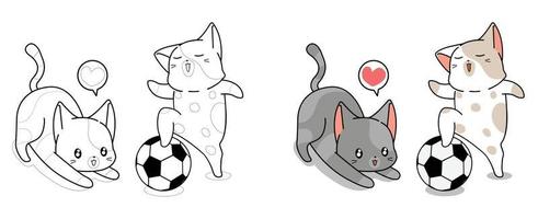 2 lindos gatos están jugando al fútbol página para colorear de dibujos animados vector