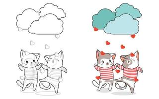 Linda pareja de gatos disfrutan de la lluvia de amor página para colorear de dibujos animados vector