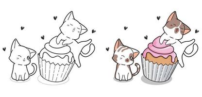 Cute cats and cupcake cartoon coloring page vector