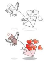 Cupido gato está levantando el amor de la carta página para colorear de dibujos animados vector