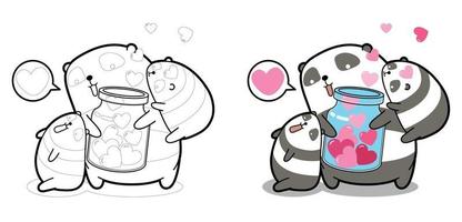 Pandas and hearts in bottle for Valentine day cartoon coloring page for kids vector