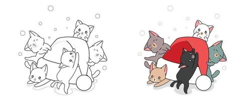 Lovely cats and Christmas hat cartoon coloring page