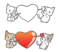 Adorable cats and heart cartoon coloring page vector