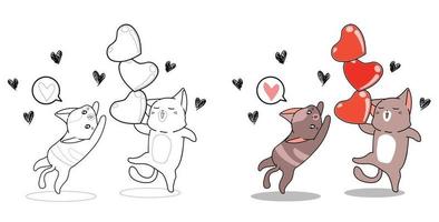 Cats and hearts in Valentine day cartoon coloring page for kids vector