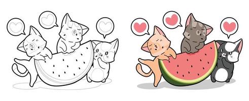 Lovely cats are eating watermelon cartoon coloring page vector