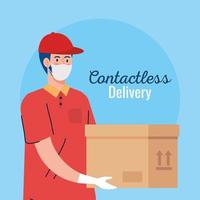 contactless delivery, courier worker with face mask vector