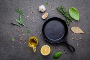 Cast iron skillet with fresh ingredients photo