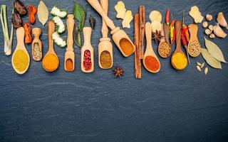 Top view of spices and herbs in wooden spoons photo