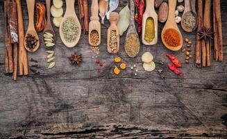 Spices and herbs in spoons on a shabby wood background photo