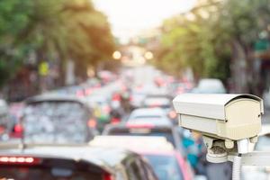 Traffic security camera overlooking out of focus traffic photo