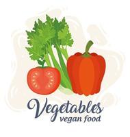 Banner con verduras, concepto de comida vegana con apio, tomate y pimiento vector