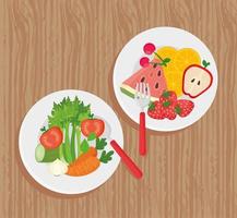 Plate with fresh and healthy fruits and vegetables on wooden background vector