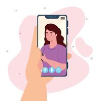 Hand holding smartphone on a video call on the screen, social media concept vector