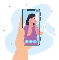 Hand holding smartphone on a video call on the screen, social media concept vector