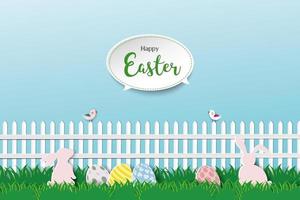 Happy Easter greeting card with cute rabbits in beautiful garden with eggs vector