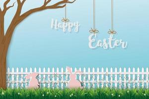 Happy Easter greeting card with cute rabbits in beautiful garden vector