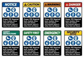 Se requieren botas, cascos y guantes adecuados para el ppe cuando la tarea requiere protección contra caídas con símbolos de ppe vector