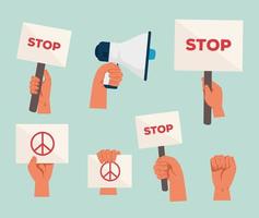 Hands with placards and megaphone for protest icon set vector