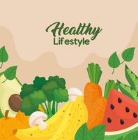 Banner de estilo de vida saludable con verduras, frutas y alimentos. vector