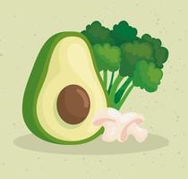 fresh vegetables, avocado with mushroom and broccoli vector