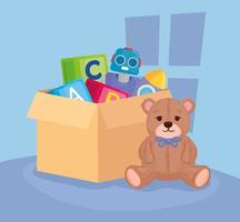 Teddy bear with toys in a box vector