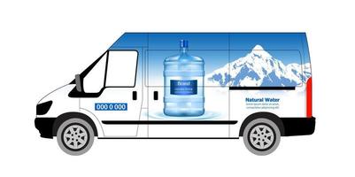 Water delivery service vector illustration. Delivery panelvan. Drinking water delivery service. Plastic bottle, blue container. Supply, shipping. Business service.