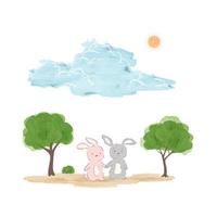 Springtime concept in watercolor technique, adorable rabbits on sunny day vector