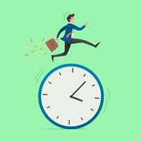 Business concept. Businessman running on a big clock. Symbol of difficulty, ambition, motivation, struggle, achievement. Simple flat cartoon. Vector illustration