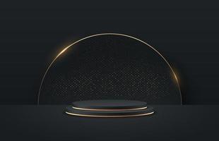 Abstract round display for product on website in modern. Luxury background rendering with podium and minimal black and gold glitter texture wall scene, 3d rendering geometric shape black color. vector