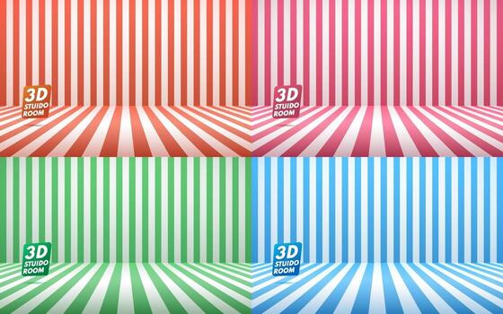 Set of abstract vertical striped red green blue white studio backdrop with empty space for your content or product picture. Empty pastel studio room background concept. Vector illustration