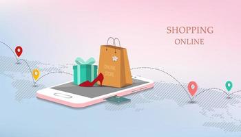 Mobile shopping online with credit card,marketing and digital concept on isometric style vector