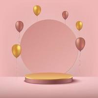 Luxury pink gold and golden balloon background vector 3d rendering with cylinder podium. Minimal rendered scene 3d with golden podium platform. stand to show product. Stage showcase background.