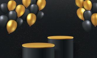 Luxury gold and black balloon background vector 3d rendering with cylinder podium. Black friday minimal rendered scene 3d with golden podium platform. stand to show product. Stage showcase background.