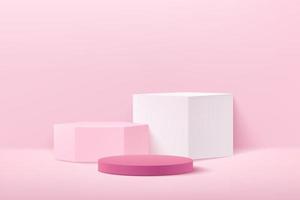 Abstract cube hexagon and round display for product on website in modern. Background rendering with podium and minimal pink texture wall scene, 3d rendering geometric shape pastel color. Vector EPS10