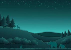 Forest night scene with animals and nature in paper art style vector
