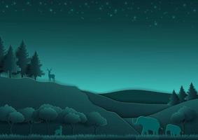 Escena nocturna del bosque con animales y naturaleza en estilo de arte en papel. vector