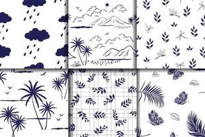 Nature hand drawn collection in monotone blue seamless patterns vector