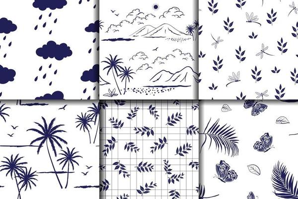 Nature hand drawn collection in monotone blue seamless patterns