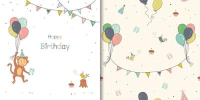 Set of seamless happy birthday patterns, hand drawn cute monkey with balloons and bunting