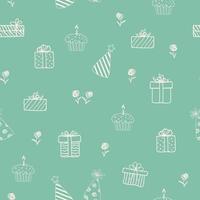 Hand drawn doodle sketch with gift boxes and cupcake on green background vector