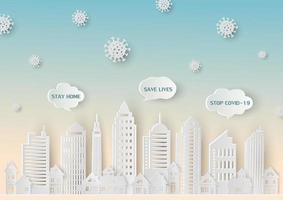Stop covid-19 with stay home and save lives text in paper art style vector