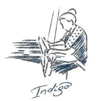 A woman hand weaving and dyeing drawing with brush line stroke style. Wearing an indigo fabric and local textiles. vector