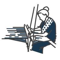 A woman hand weaving and dyeing drawing with single line stroke style. Wearing an indigo fabric and local textiles. vector