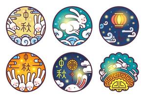 Mid autumn festival line art illustration set. Mooncake round shape. vector