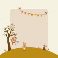 Happy birthday card with cute animals, tree, and bunting vector